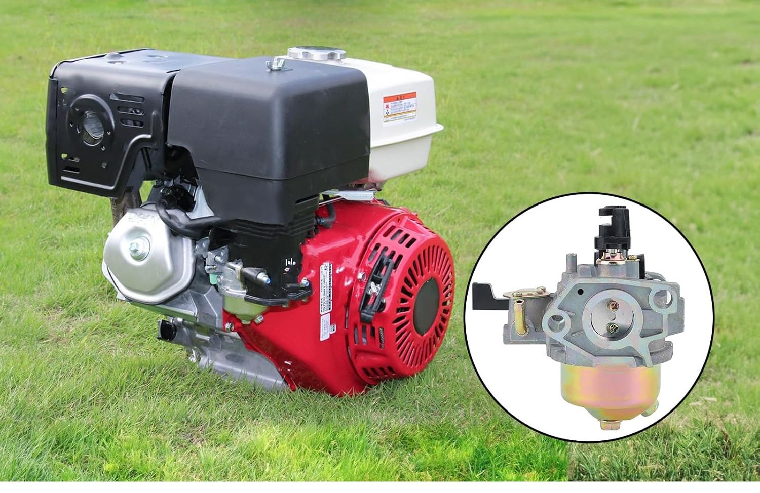 Butom replacement carburetor next to a small horizontal-shaft engine